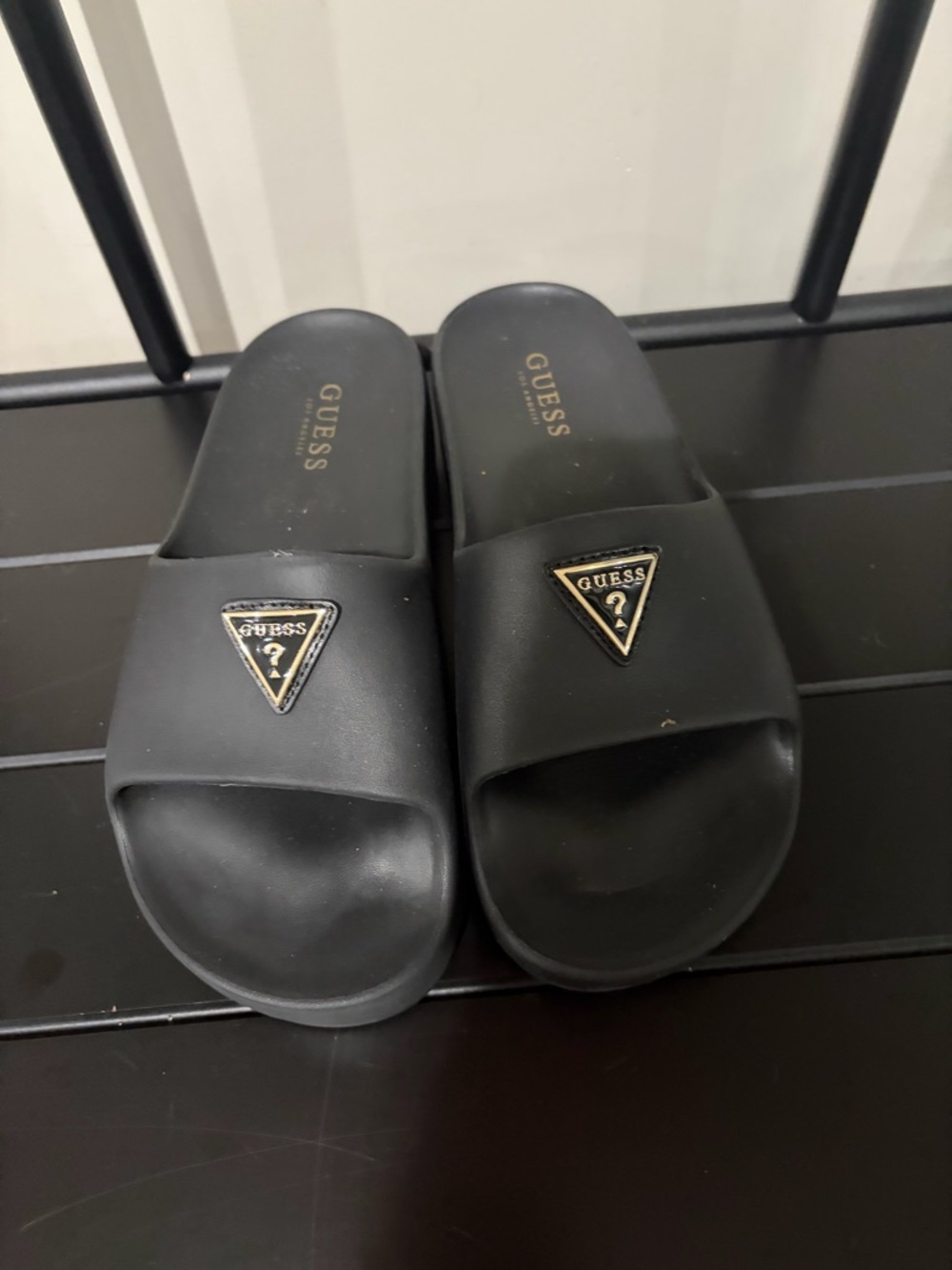 GUESS Black Slide Sandals with Gold Triangle Logo